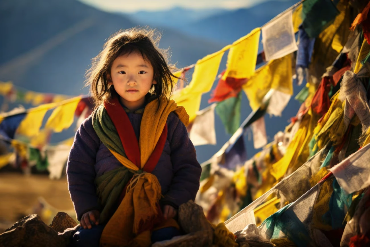 Una nena nepalí abrigada con chales de colores entre banderas de oración, con montañas de fondo